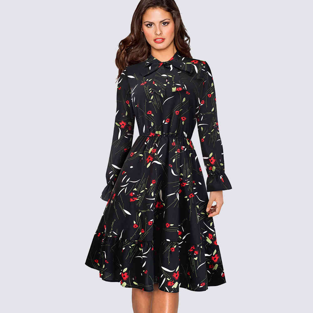 dresses 100% Polyester 1950s Retro Vintage Polka Dot Swing Skater Party Elegant Long Sleeve Business Office Lady HA130