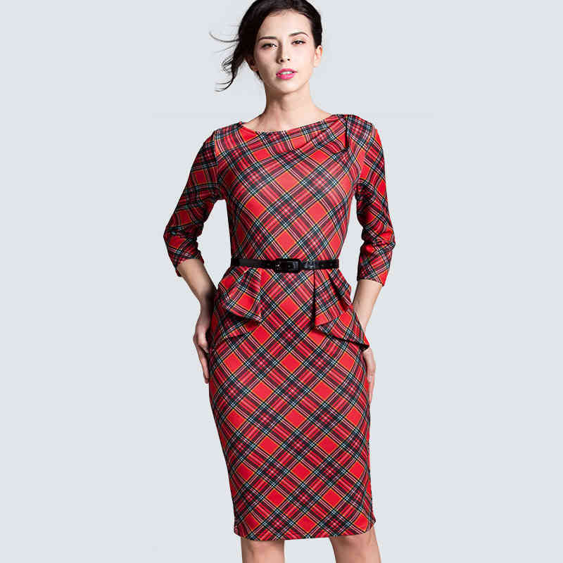 dresses Spring Autumn Women Elegant Red Tartan Plaid Ruffle Ruched Office Work Business Casual Party Pencil Sheath HB267