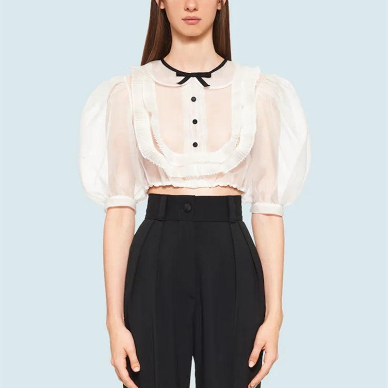 blouses elegantes blusas mujer de moda 2021 Spring Summer Cute White Crop Top Ruffles Short Sleeve Chiffon Organza Women Blouse Shirts