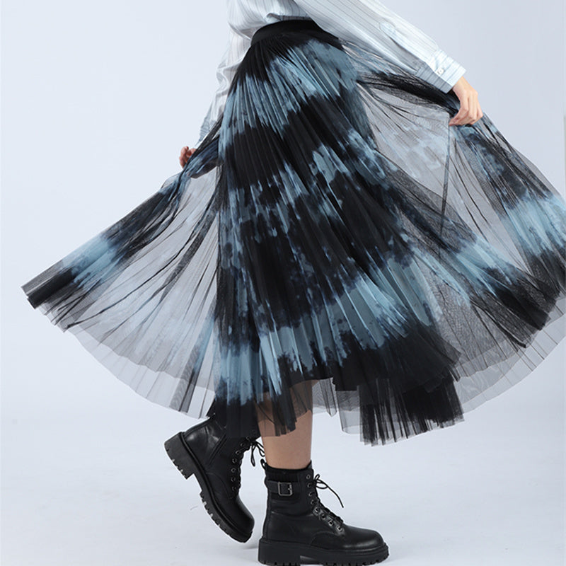 blazers Runway Women 2021 Spring Summer Brand Designer Tie Dye Long Maxi Skirt Female 3 Layered Mesh Tulle Pleated Skirts
