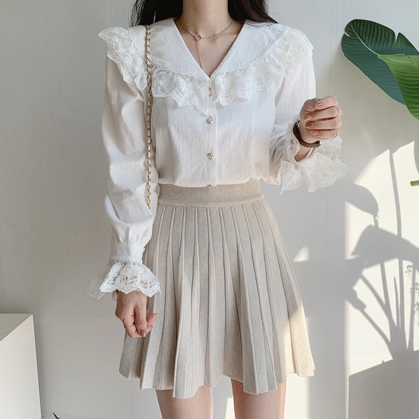 dress Spring All Match Pearls Stylish Lace Sweet Female High Street Ruffles Clothe Office Lady Women Shirts