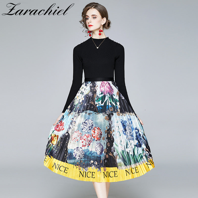 skirts High Quality Autumn Winter Elegant 2 Piece Sets Womens Outfits Black Sweater Pulover + Elastic Waist Printed Pleated Skirt Suit