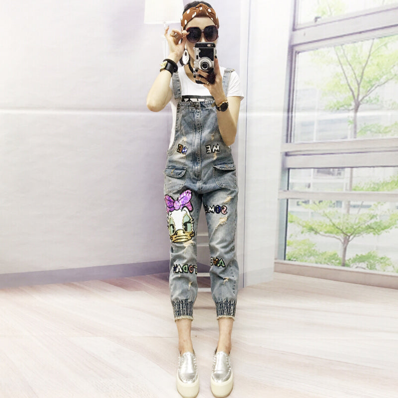 D 0686 ... European Spring New Heavy European Goods Sequins Donald Nine Points Suspenders Braces Jeans FeMale Tide