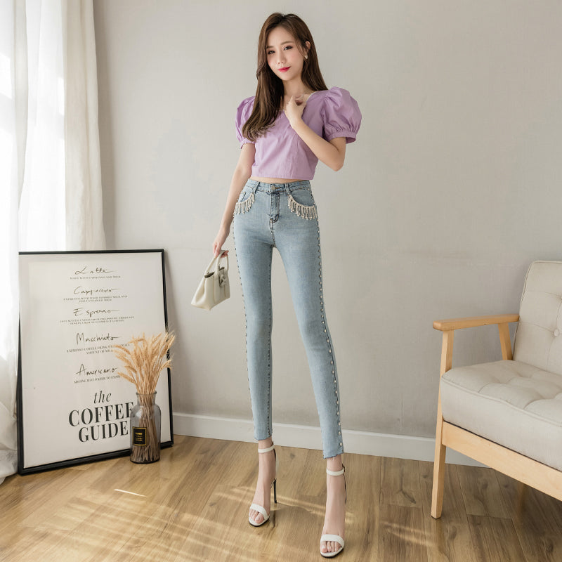 D 1224 Blue Spring New Tassel Nail Drill Light Color Pencil Pants Tight Jeans Stretch And Feet Nine Minutes Of Pants