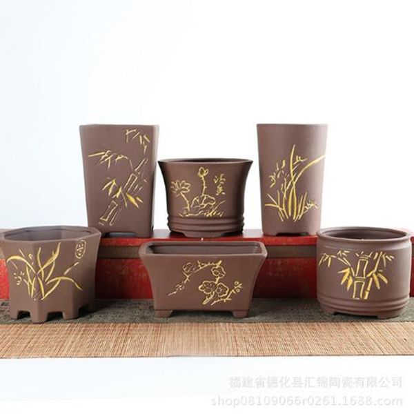 Purple Sand Succulent Plant Flowerpot Pure Handmade Ceramic Retro Flower Pot Bamboo Lotus Gold Outline Vase Balcony Home Decor 210401