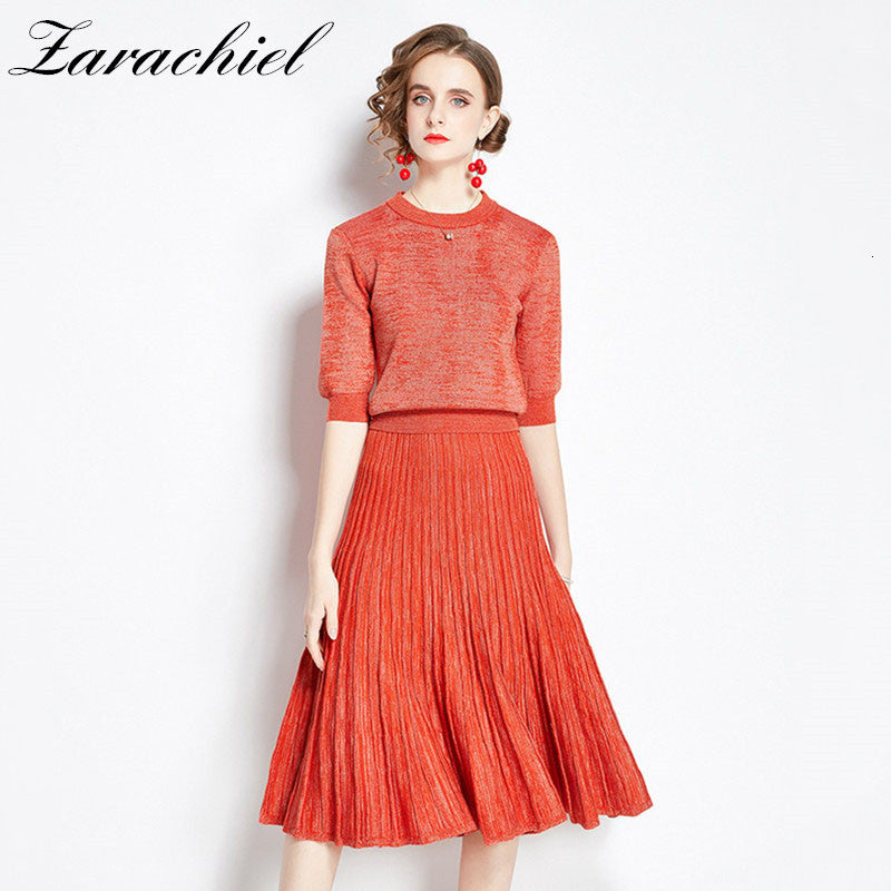 skirts Autumn Winter Women&#039;s Suit Half Sleeve Thick Knit Sweater Top Pleated Skirt Two-Piece Set Office Lady Elegant Outfits