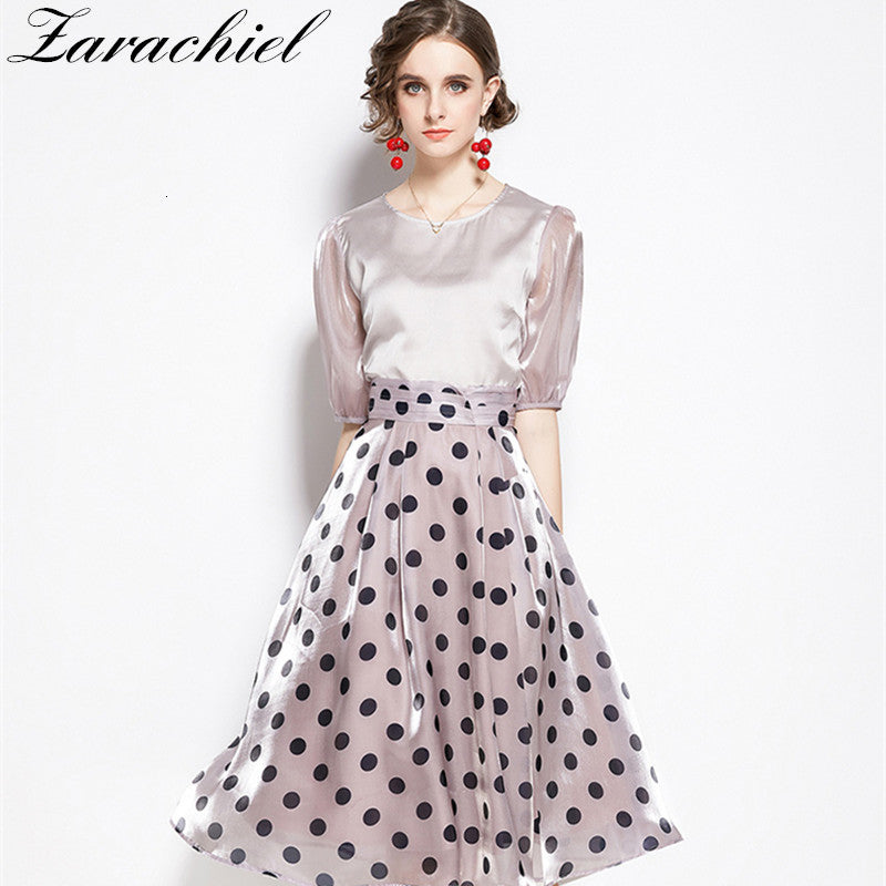 skirts Fashion Sleeve Blouse Top + Polka Dot A-Line Skirt Women&#039;s Solid Bright Silk Shirt Midi Skirts Two Piece Set Summer Outfit