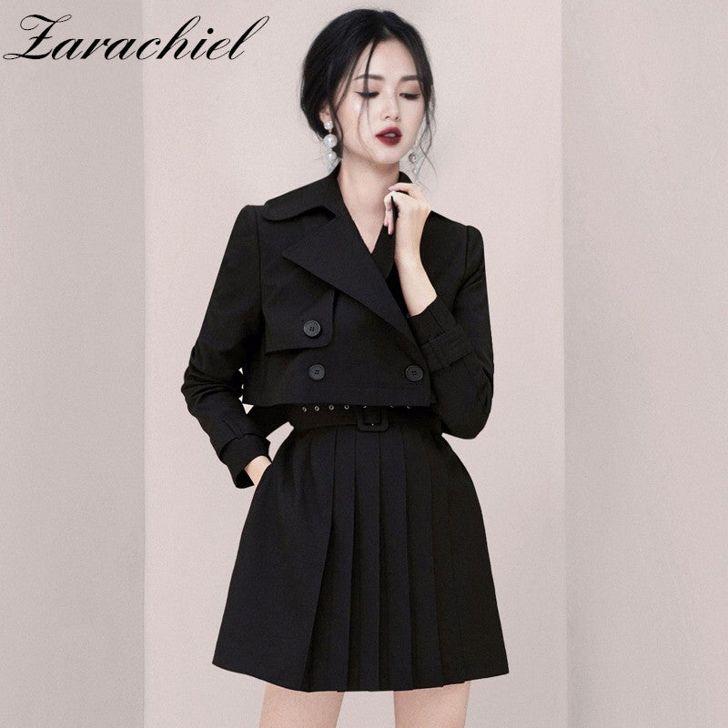 skirts Fashion Office Black Two Piece Women England Design Notched Double-breasted Short Coat Outwear+Belted Mini Pleated Skirt Set