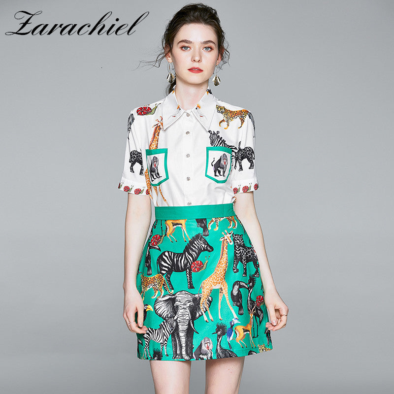 skirts Fashion Designer Zoo Suit Summer Women Short Sleeve Pocket Shirt Top + Animal Print Green A-Line Mini Skirt 2 Piece Set
