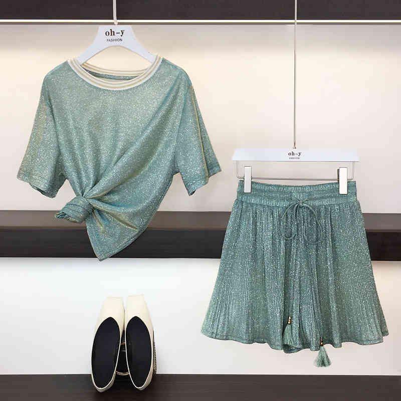dresses Fashion Summer Bling Glitter Two Piece Women Short Sleeve Loose T-Shirt + Elastic Waist Lace-up Pleated Wide-Leg Shorts Set