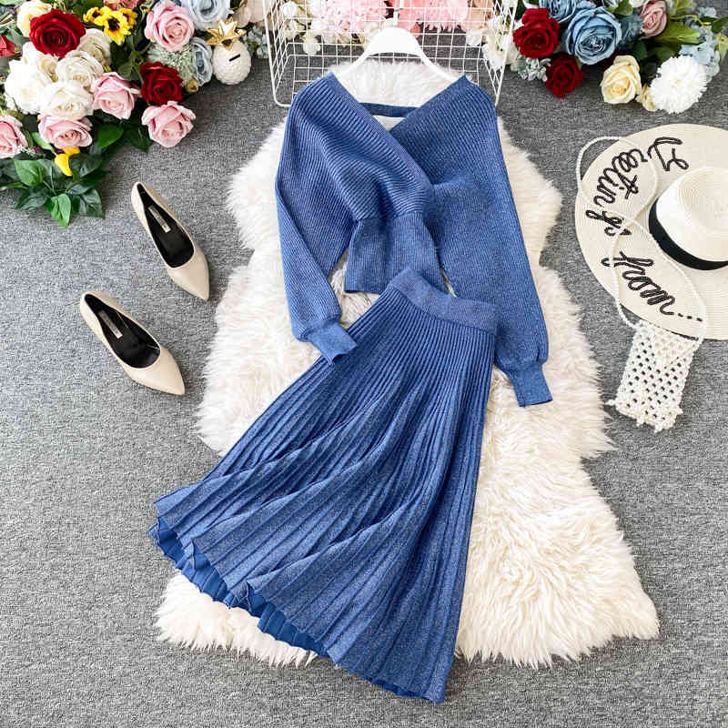 skirts Croysier Winter Two V Neck Sweater Top And Pleated Midi Skirt 2 Piece Knitted Set Fall Clothes Outfits For Women