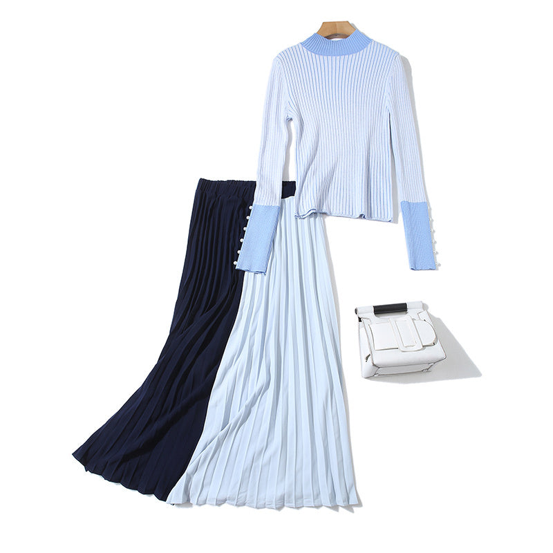 skirts Women Pearls Sleeve Knitted Pullover Sweater Suits And Chiffon Long Pleated Skirts Autumn Blue Color Collision 2 Pieces Set