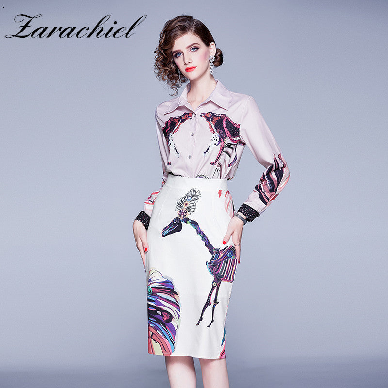 skirts Summer Autumn Fashion Suits Women&#039;s Elegant Shirt Blouse and Vintage Cartoon Printed Knee Length Skirt 2 Pieces Set