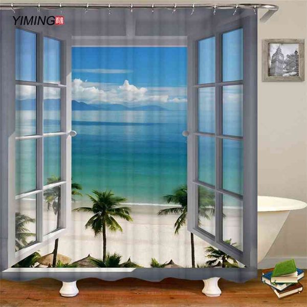 3D beach window opening beach landscape printing bathroom curtain polyester water-bathable shower curtain waterproof and mildew 210402