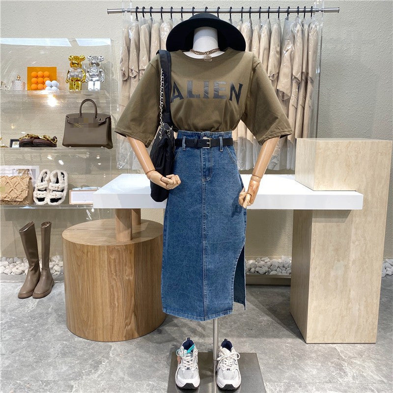 skirts High waist niche design denim skirt + monogrammed printing around the neck short sleeve green shirt 2 suit piece