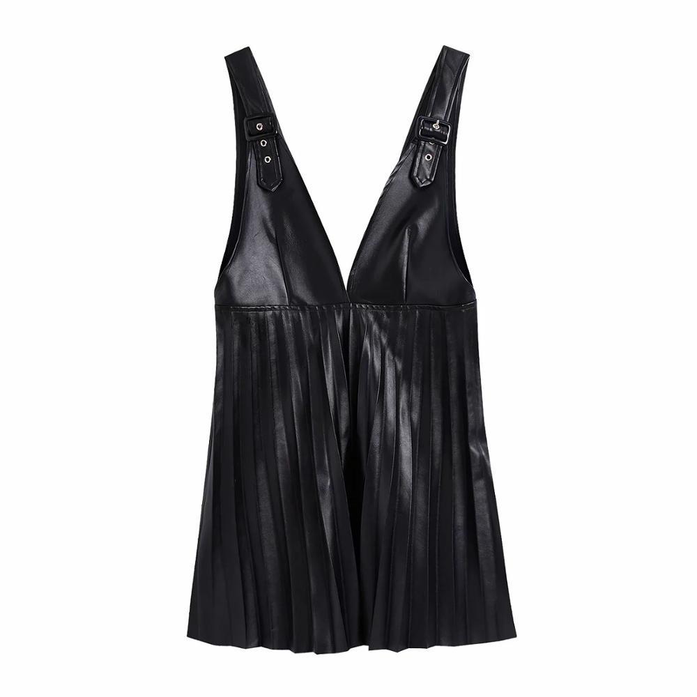 suits Women Faux Leather Pleated Pinafore Skirt wide adjustable straps with metal buckle casual female skirts