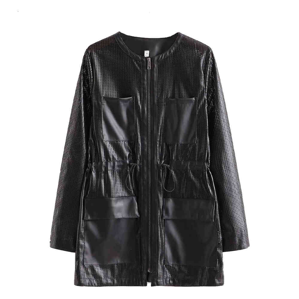 jackets Women Jacket Faux Leather Hollow Out Pockets Elatic Waist Long Sleeves Coat Fashion Outerwear Tops manteau veste femme