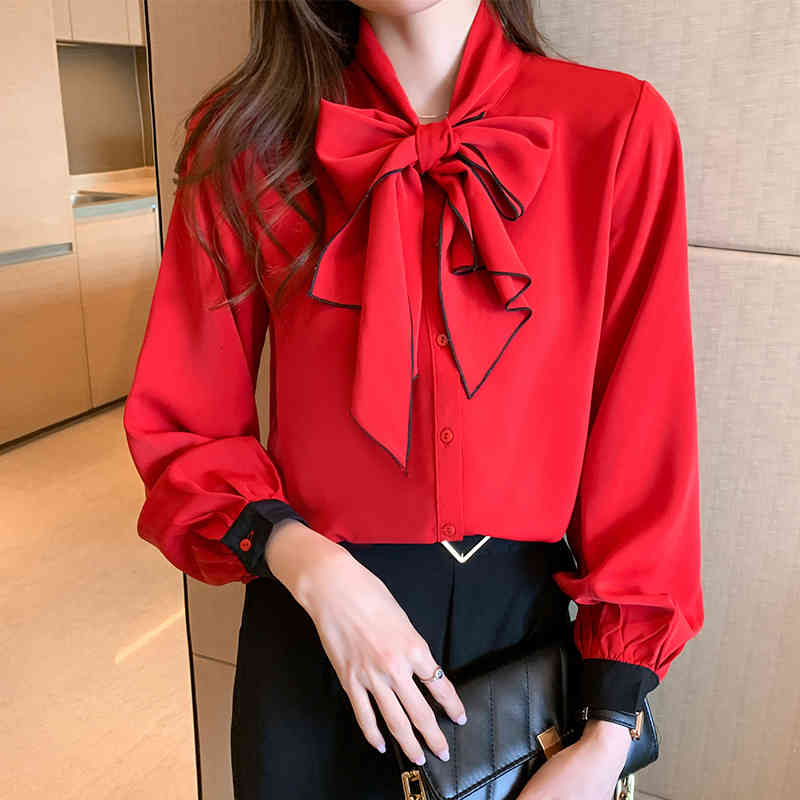 blazers Women Spring Bowknot Long Sleeved Chiffon Shirt Solid Mint Green - Bright Red Ladies Loose Lace-up OL Blouses & Shirts