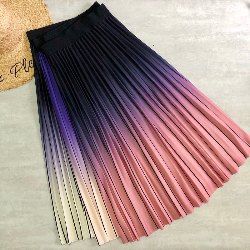 skirts Spring Gradient Drape high Striped A-line Pleated Maxi Long Skirts Purple Pink Navy