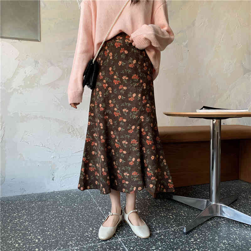 skirts Winter Retro Corduroy Floral Mermaid Trumpet Veet Patchwork Sweet Flowers Long Skirts