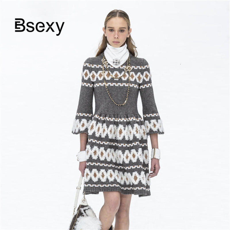 dresses Runway Knitting Fashion Geometric Jacquard Autumn Winter Sweater Women Half Sleeve Mini A line Jumper