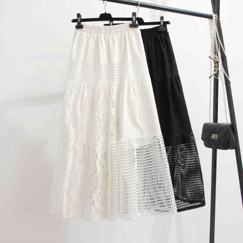 skirts Arrival Spring Lace Patchwork Hollow Out A-line Maxi Long White Black Cotton Skirts