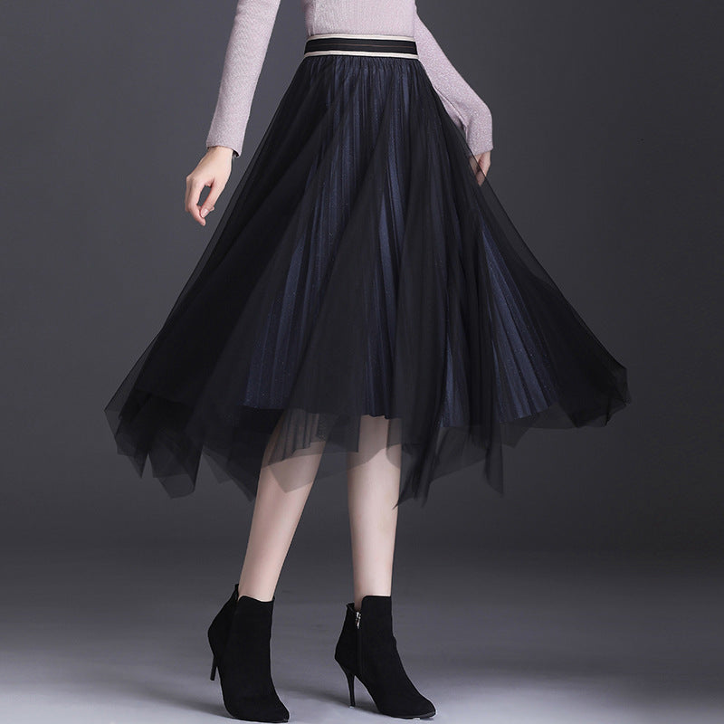 skirts Women Tulle Double sided Skirts Fashion Elastic High Waist 3 Layered Mesh Tutu Pleated irregular Long Midi Skirt Jupe