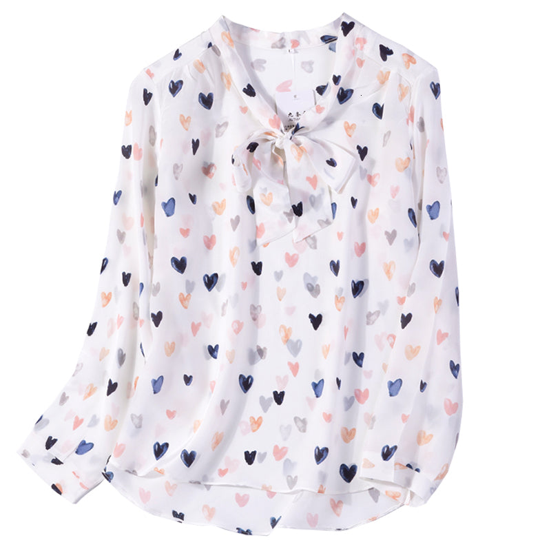 blouses Women&#039;s 100% Mulbery Silk Tow Tie neck long sleeve Shirt Top Blouse office work white hearts JN579