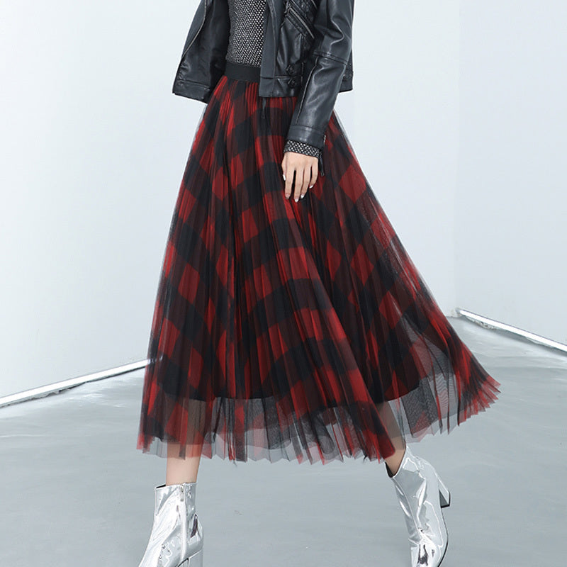 skirts Winter Vintage Plaid Pleated Maxi Tulle Elegant Red Green Check Tartan A-line Ankle Long Mesh Skirts