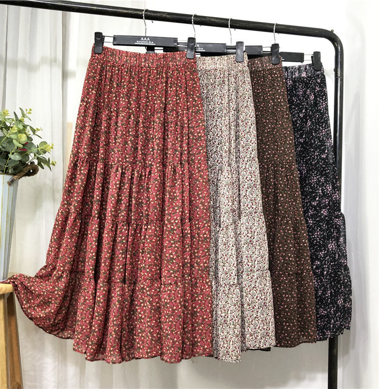skirts Spring Floral Printed Boho A-line Maxi Chiffon Chic Patchwork Flower Printing Ankle Long Drape Autumn Skirts