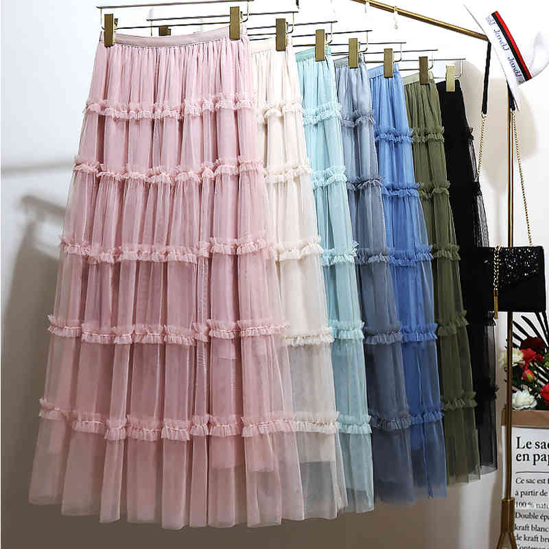 skirts Sweet Cakee Maxi Mesh Wave Seee Trim Layered Tulle A-line Ankle Long Boho Skirts Green Pink Mint