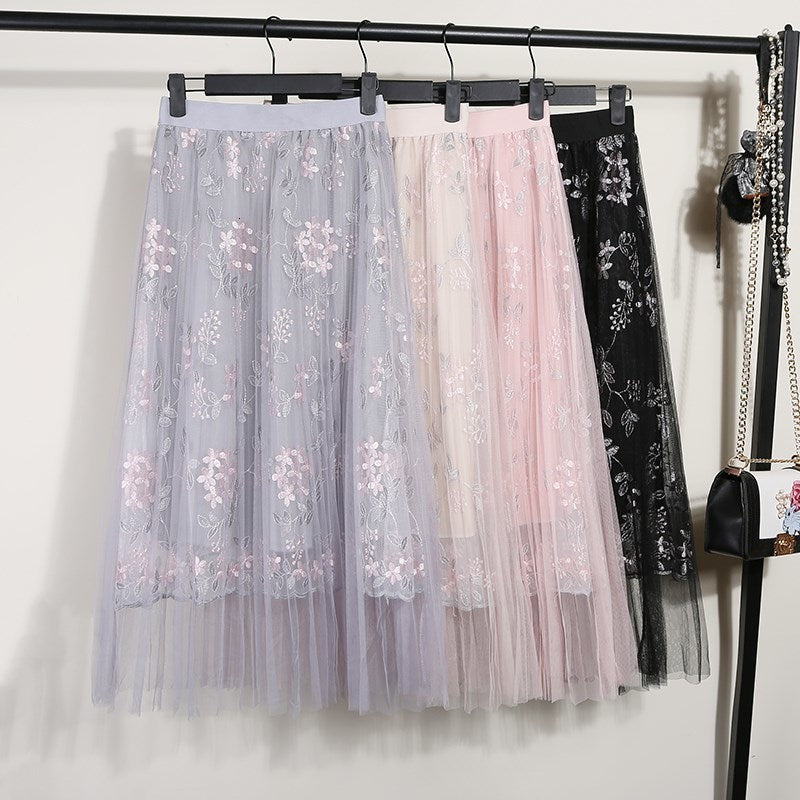 skirts Summer Floral Embroidered Tule Gauze Embroidery Flowers Sweet Pleated A-line Maxi Long Layered Mesh Skirts
