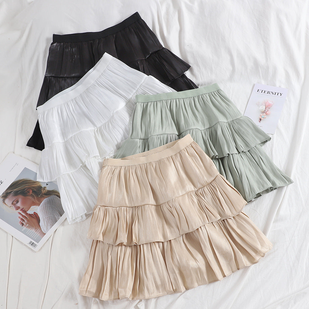skirts Summer Silk Metallic Short Skorts Skirts Female Super Cute Layered Cakee Light & Cool Mini Tiered Skirt Mint Green Ivory
