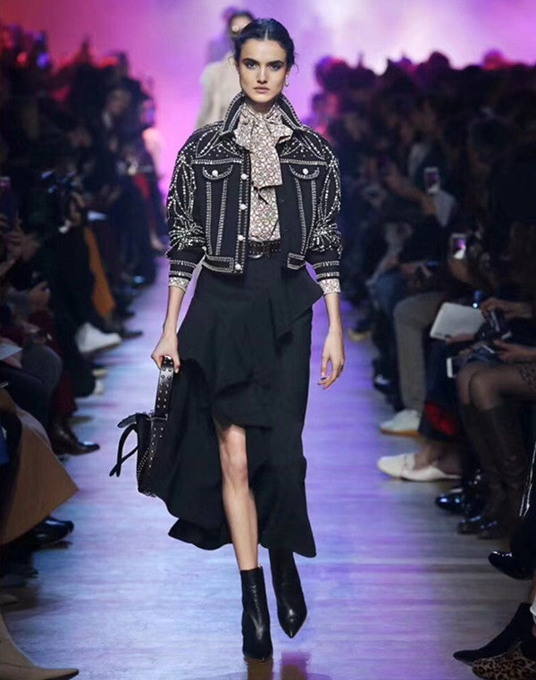 Black Autumn Womens Outerwear Punk Style Denim Jacket Loose Long Sleeve Single Breasted Pearls Diamonds Coat Female Streetwear Jean