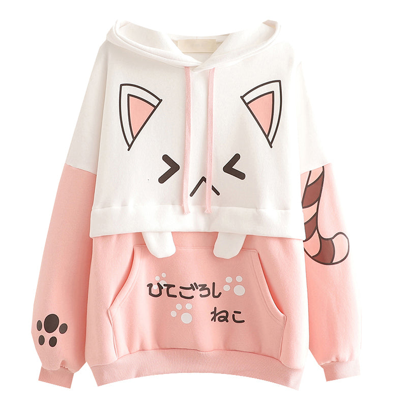 Harajuku Kawaii Women Cute Hoodie Black Pink Long Sleeve Graphic Cat Ear Funny Anime Teen Girls Pullover Vintage Sweatshirt