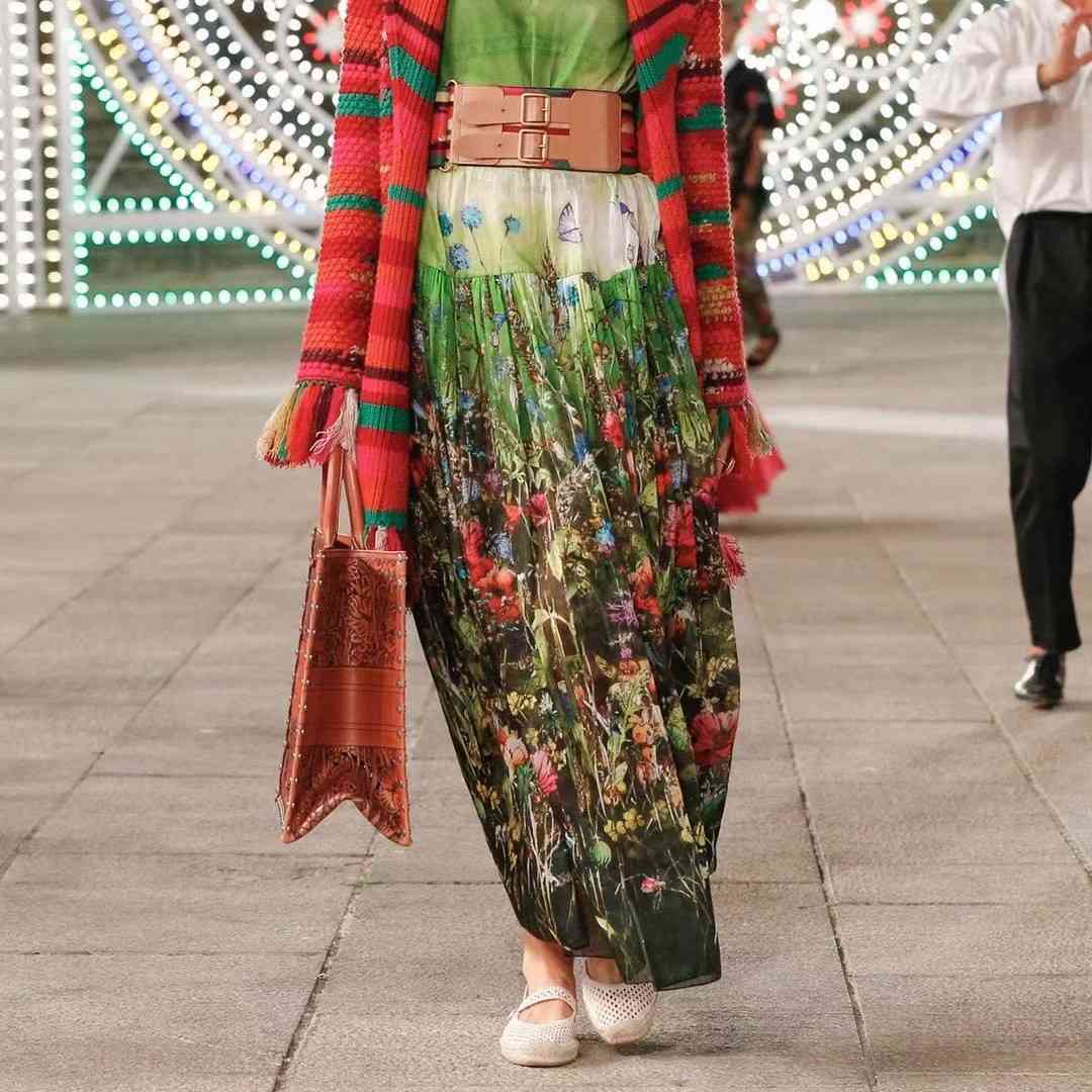 skirts Runway Designer Women&#039;s 2021Fashion Flower Butterfly Print Pleated Midi Long Holiday Green Skirt Female