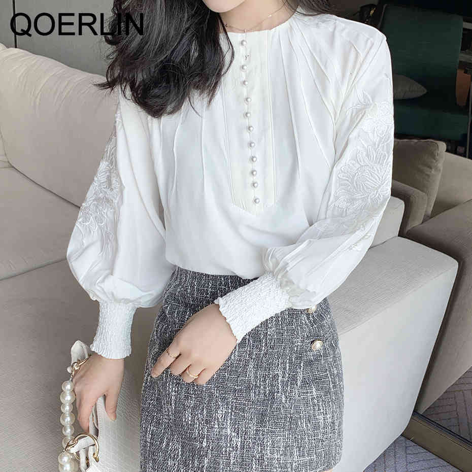 blouses Embroidered Women Elegant Lantern Sleeve White Blouse OL Stylish Pearl Decor Chiffon Chic-Shirts Plus Size