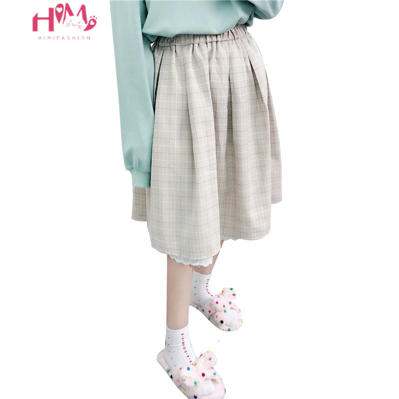 Japanese Soft Girl kawaii Skirts Women Summer Lolita High Waist Vintage Cute Plaid Lace A Line Tutu Midi Skirt