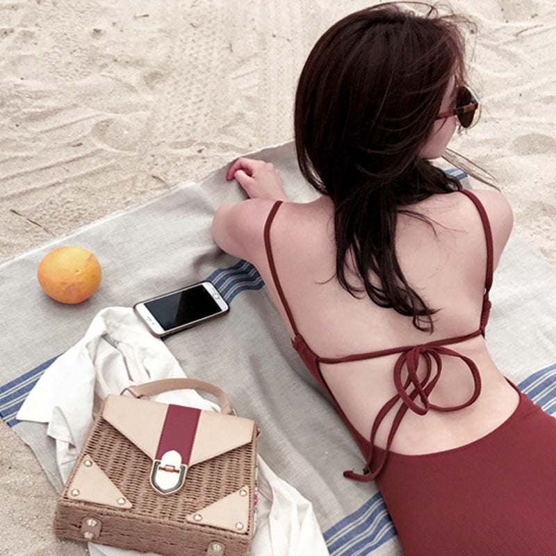 Red Wine 2021 Open Women&#039;s Back Bandage Shows Thin and Small Chest Triangle One-piece Bikini Spring Swimsuit