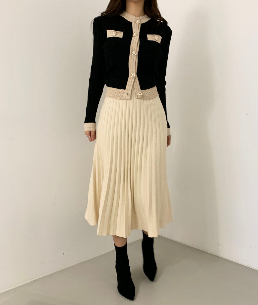 Black Chic Office Ladies Single Breasted Pearl Button Cardigan Sweater+Pleated Long Skirt Suit Spring Autumn Knitted 2 Piece esSet