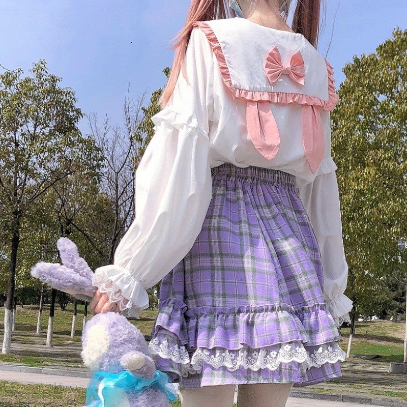 Fashion Kawaii Bunny Ear White Blouses Women Lolita Girls Cute Shirts Sailor Collar Vintage Lace Ruffles Female Long Sleeve Tops