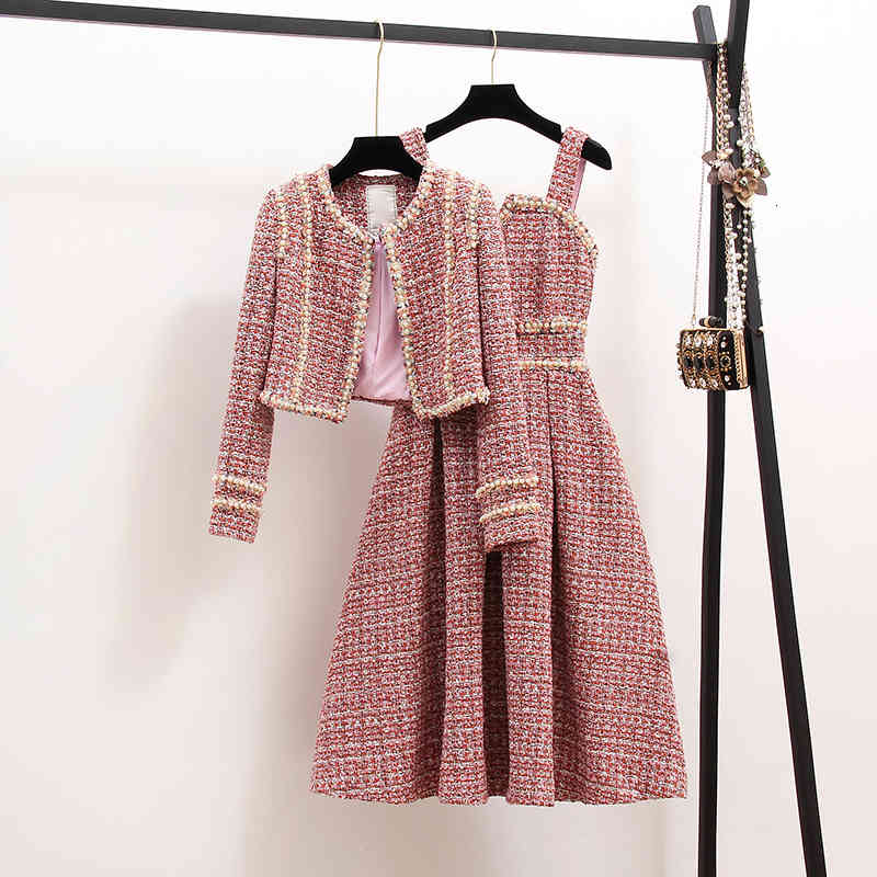 Autumn 2021 Customized Tweed Skirt Winter Women es Long Sleeve Plaid Woollen Short Outerwear +Vest Bow Pink Suits 2 Piece Set