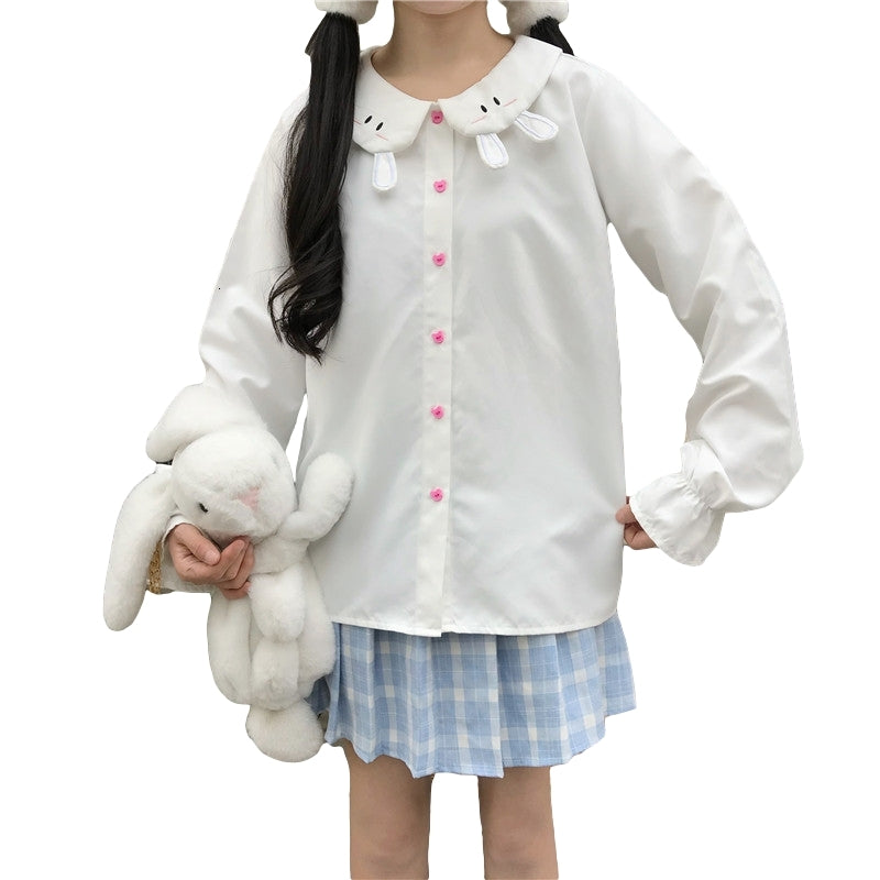 Sweet Kawaii Blouse Women Bunny White Shirt Girl Cute Fashion Button Down School Uniform Lolita Peter Pan Collar Long Sleeve Top