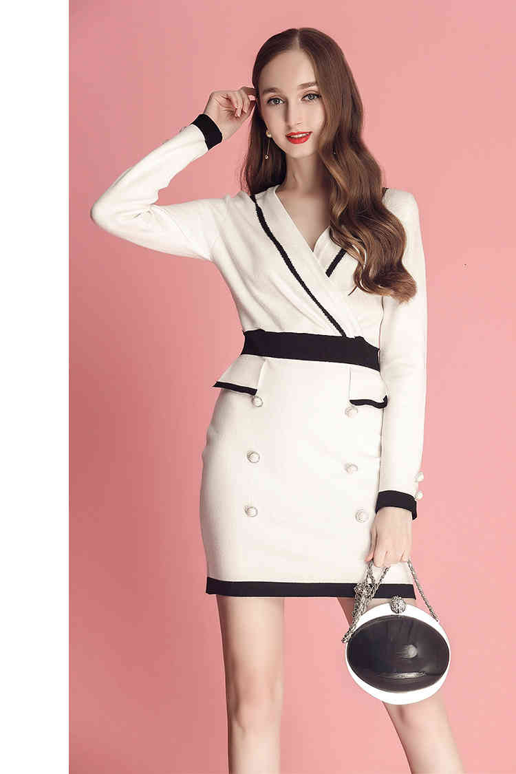 Elegant Sweater Women es V neck Color Block White And Black Pack Hip Bud Jumper Office Ladies Long Sleeve Wrap pencil
