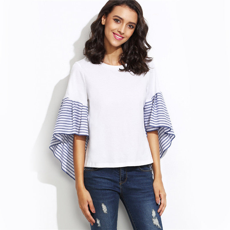 Women blouses half sleeve White Striped Asymmetric Bell Top Ladies Round Neck Color Block Fashion Blouse