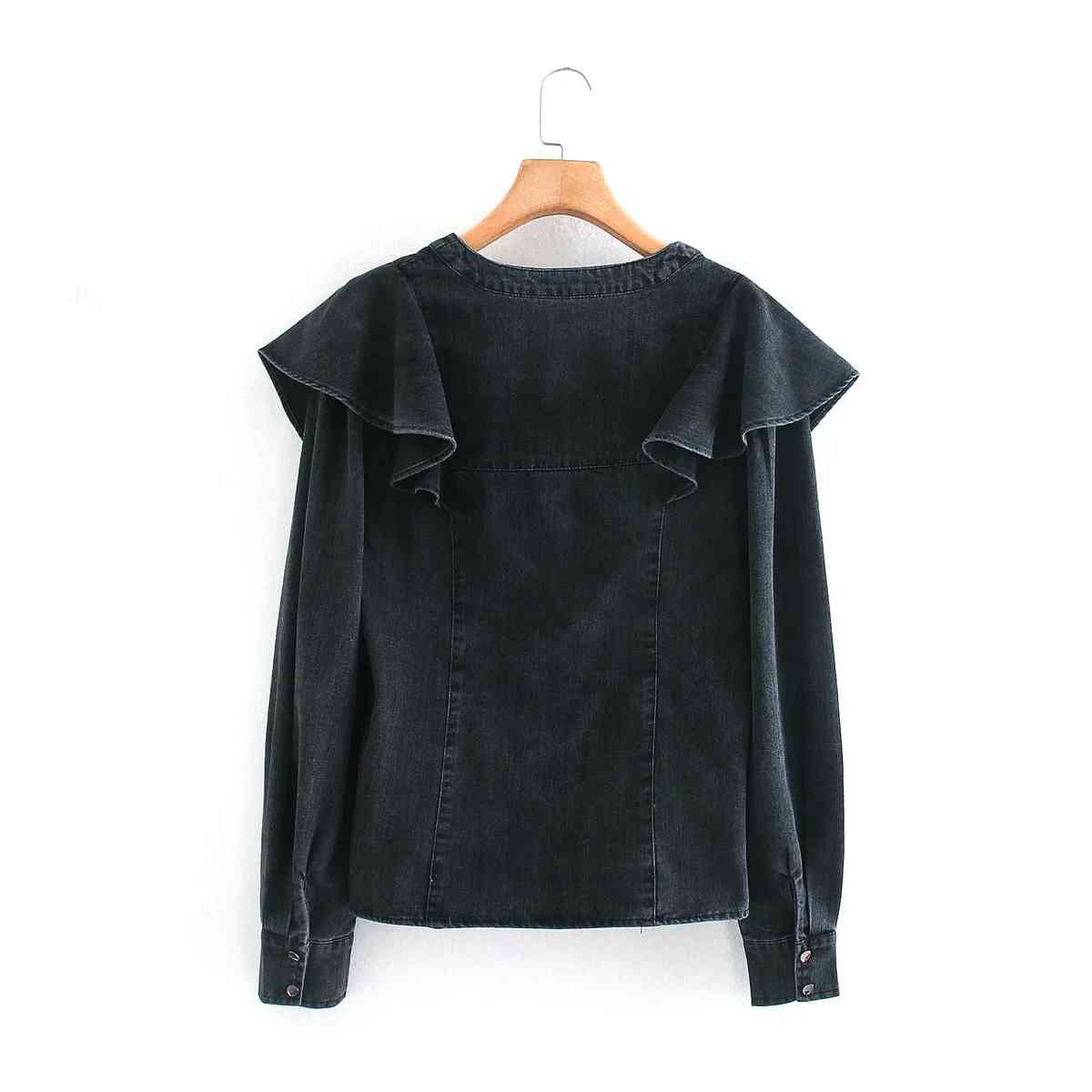 A Line V Neck designer Long Sleeve Women blouses fashion Fall women&#039;s wear thin layered decoration Jean Shirt