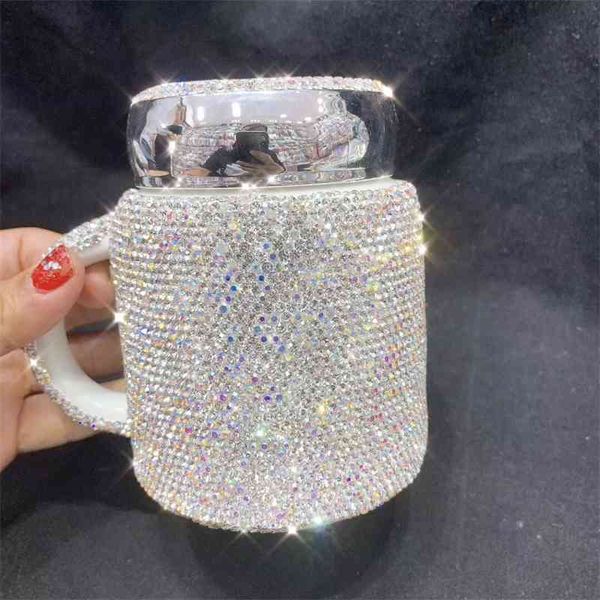 Sparkling Coffee Mug with Lid Ceramic Crystal Rhinestones Tumbler Cup Long Distance Relationship Gifts Milk Water Cups Cute 210409