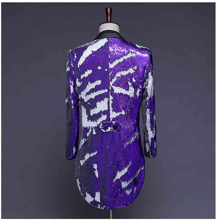 Purple Sequins Tuxedo Tailcoat Blazer Men Glitter Mens Party Wedding Groom Prom Dress Blazers tage Singer Host Dance DJ Costumes