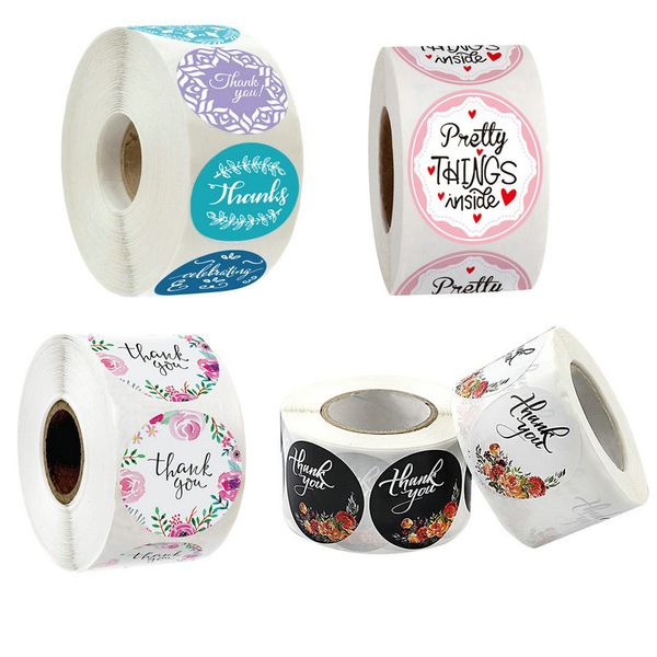 DIY Thank You Floral Pattern Adhesive Stickers 1 Inch 2.5cm 500 Pcs Roll Gift Box Label Wedding Decoration Tag