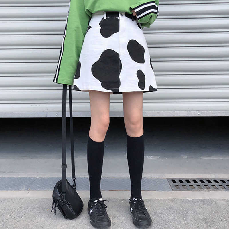 Skirts Cow Print Skirt Women Harajuku Streetwear Teens Students Cotton High Waist A-Line Wrap Mini jupe short 5DQG